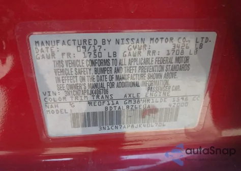 2018 Nissan Versa 1.6 Sv z USA, uszkodzony, nr VIN 3N1CN7AP8JK406706